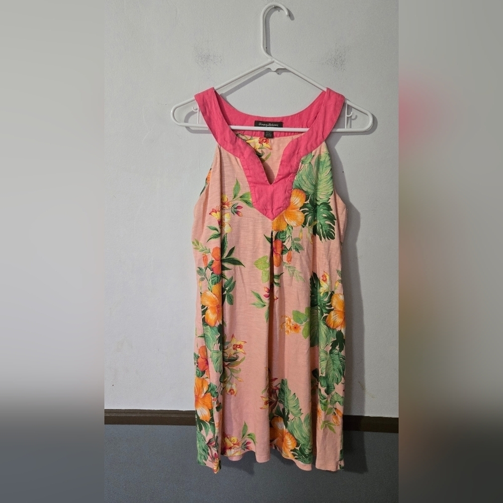 Tommy Bahama Tropical Floral Dress Womens Large Pink Sleeveless V-Neck Summer - Picture 1 of 5